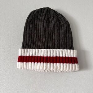 Black and White Knit Beanie with Red Stripe